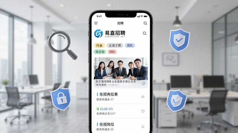 易直聘企业信息展示页面,画面主体为手机屏幕显示某公司招聘主页,包含公司logo、行业标签、团队照片与在招岗位列表,背景为浅灰色商务办公场景,屏幕周围点缀放大镜与盾牌图标,体现信息透明与安全感,适配Boogu模型生成高清应用截图风格图。