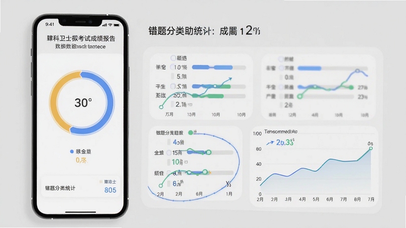 肆科卫士模拟考试成绩报告页面,手机屏幕显示分数圆环、错题分类统计与成绩趋势折线图,背景为浅灰色极简风格,突出数据分析的专业感