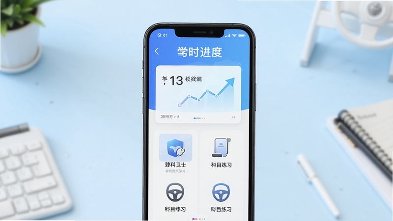 肆科卫士驾考学习应用主界面展示,画面中央为手机屏幕呈现学时进度卡片与科目练习入口,背景为淡蓝色渐变桌面环境,整体风格清爽简洁,突出学习工具的实用感