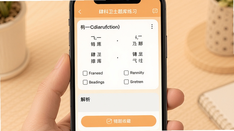 肆科卫士题库练习界面,手机屏幕展示一道科目一选择题及四个选项,下方有解析区域与错题收藏按钮,背景为浅橙色暖色调,整体氛围专注而轻松