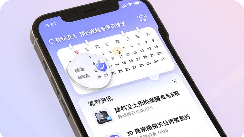 肆科卫士预约提醒与资讯推送界面,手机屏幕展示日历提醒卡片与驾考资讯列表,背景为淡紫色柔和渐变,画面温馨且具有提示感