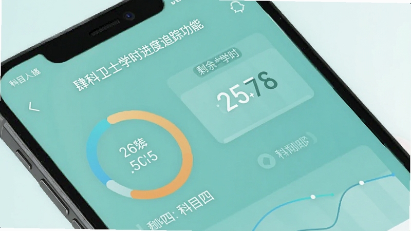 肆科卫士学时进度追踪功能界面,手机屏幕显示科目一至科目四的环形进度图表与剩余学时数字,背景为柔和的青绿色调,画面干净利落,体现数据可视化的清晰感