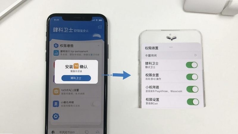 肆科卫士手机端安装与权限设置操作示意图,画面展示手机屏幕上的安装确认弹窗与权限开关列表,背景为简洁的白色桌面,风格清晰直观,方便新手对照操作