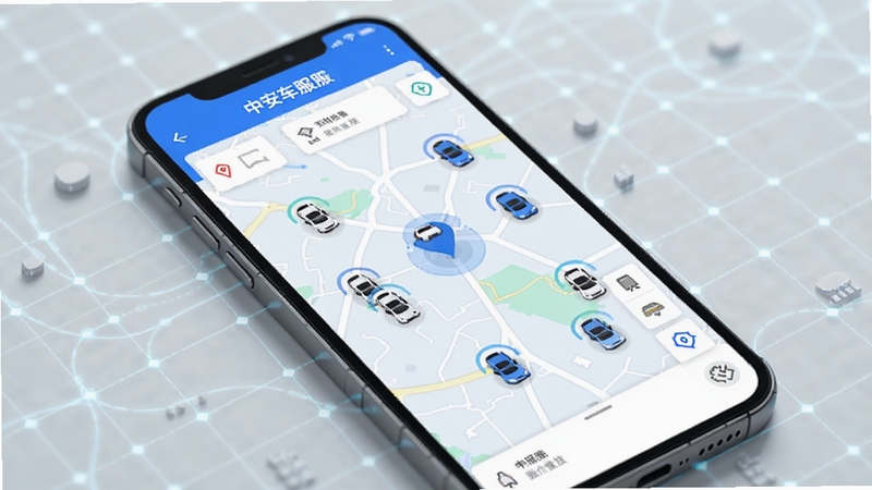 中安车服企业实时定位功能界面展示,画面主体为手机屏幕中的地图定位页面,地图上标注多个车辆位置图标,背景为浅灰色科技感网格纹理,整体色调以蓝白为主,突出实时监控的科技氛围