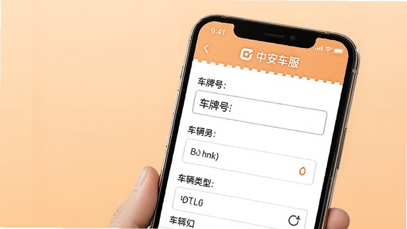 中安车服企业车辆信息登记页面展示,画面主体为手机屏幕中的表单填写界面,包含车牌号输入框与车辆类型选项,背景为柔和的浅橙色渐变,整体风格温馨简洁,突出信息录入的便捷性