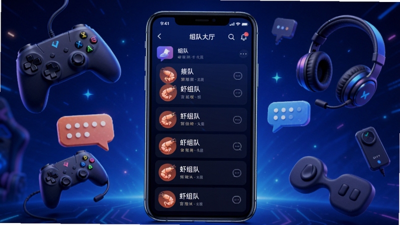 一张展示虾组队软件主界面的概念图,画面中心是手机屏幕显示组队大厅列表,背景区域为深蓝色渐变电竞风格,周围环绕着游戏手柄、耳机、聊天气泡等元素,整体色调充满活力与科技感,突出虾组队核心功能