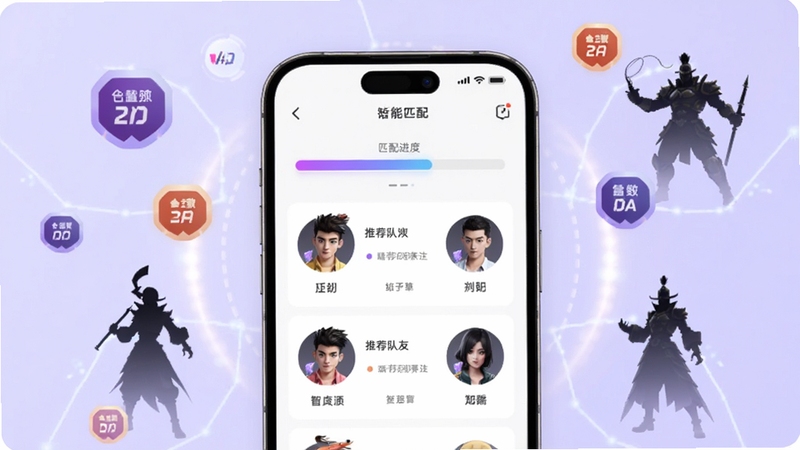 虾组队智能匹配界面展示,画面中央为手机屏幕显示匹配进度条与推荐队友头像列表,背景为淡紫色科技光效,周围漂浮着段位图标与游戏角色剪影,体现精准算法匹配的高效与智能