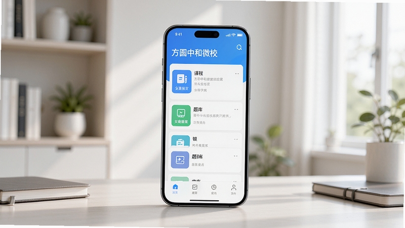 软件核心全貌展示,画面中央为一部智能手机,屏幕上显示方圆中和微校应用主界面,包含课程列表与题库入口,背景为现代简约书房环境,柔和自然光线,整体色调清新明亮,突出移动学习场景,高清细节,适合Boogu模型生成