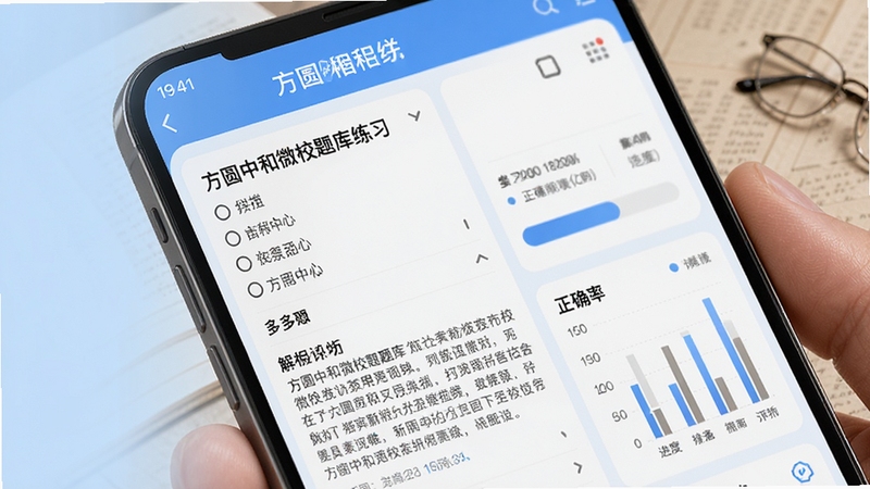 方圆中和微校题库练习界面特写,手机屏幕显示一道多选题及详细解析文字,旁边有进度条与正确率统计图表,背景为淡蓝色渐变,学习氛围浓厚,画面清晰锐利,适合Boogu模型生成