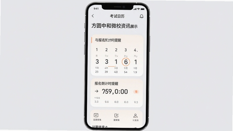方圆中和微校资讯页面展示,手机屏幕显示考试日历与报名倒计时提醒卡片,界面采用卡片式布局,配色柔和,背景为浅灰色,突出信息层次感,适合Boogu模型生成