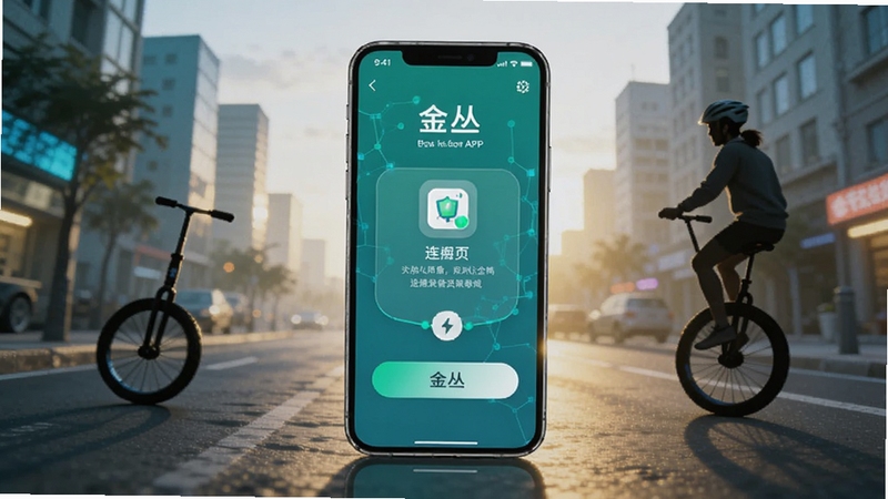 金丛应用主界面展示,画面中央是一部智能手机屏幕显示金丛APP的设备连接页面,背景为城市清晨街道与独轮车剪影,整体色调清新科技感,适配Boogu模型生成