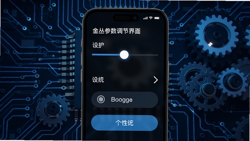 金丛参数调节界面展示,手机屏幕显示滑块与选项按钮,背景为抽象电路板纹理与齿轮元素,突出个性化设置主题,适配Boogu模型生成