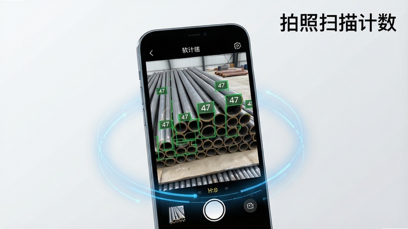 软件核心全貌展示,画面中央是一部智能手机,手机屏幕上显示着拍照扫描计数软件的运行界面,界面中摄像头正对一堆排列整齐的钢管,屏幕上用绿色方框标记出每一根钢管并显示计数数字「47」,手机周围环绕着淡淡的科技蓝光效,背景为干净的浅灰色渐变,画面右上角有「拍照扫描计数」软件名称文字标识,整体风格简洁现代,适合Boogu模型生成