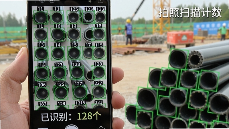 拍照扫描计数软件AI识别功能特写图,画面展示手机屏幕中数十个圆形管材被绿色识别框精准标注,每个识别框上方显示序号,屏幕底部醒目显示「已识别:128个」,手机旁放置着实际管材堆作为参照,背景为工地场景虚化处理,画面色调明亮清晰,带有「拍照扫描计数」水印文字,适合Boogu模型生成