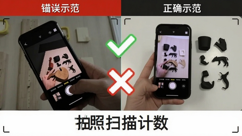拍照扫描计数使用技巧示意图,画面展示一个正确拍摄姿势的对比图,左侧为错误示范(手机倾斜、光线昏暗、物体重叠),右侧为正确示范(手机垂直、光线均匀、物体清晰分离),中间有绿色对勾和红色叉号标识,底部有「拍照扫描计数」文字,适合Boogu模型生成