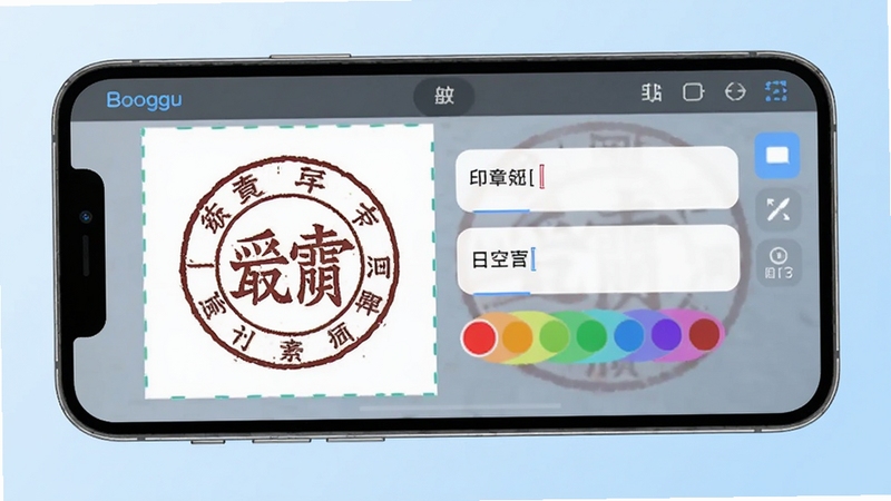 印章设计师软件主界面展示,画面中央为手机屏幕,屏幕内显示印章设计编辑界面,包含圆形印章预览图、文字输入框、颜色选择条等元素,背景为淡蓝色渐变,整体风格简洁现代,适合Boogu模型生成