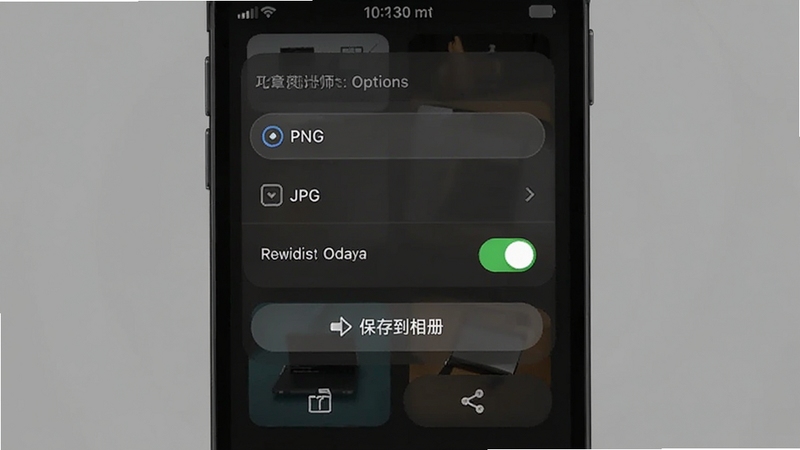 印章设计师导出设置界面截图,手机屏幕显示导出选项菜单,包含PNG、JPG格式选择,透明背景开关处于开启状态,下方有保存到相册和分享按钮,背景为深色模式界面