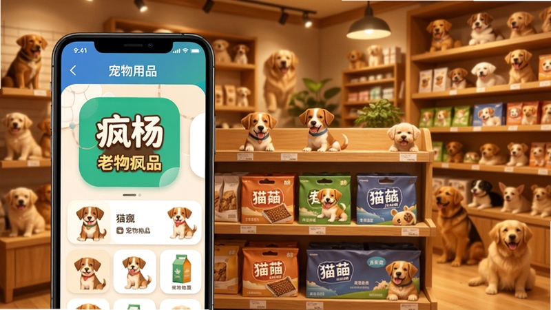 老疯杨App首页宠物用品分类陈列场景,手机屏幕显示狗粮猫粮货架,暖色调温馨宠物店背景