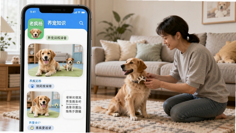 老疯杨App养宠知识页面展示,手机屏幕出现狗狗训练图文教程,背景是客厅与宠物互动场景