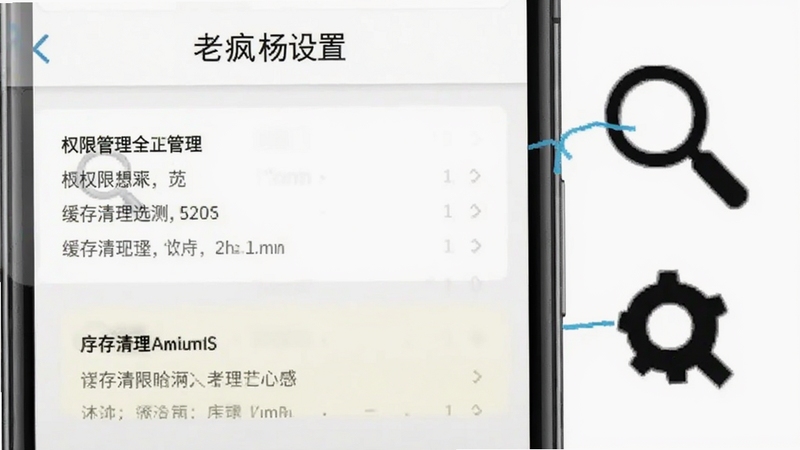 老疯杨App设置页面截图,手机屏幕显示权限管理与缓存清理选项,旁边有放大镜和齿轮图标