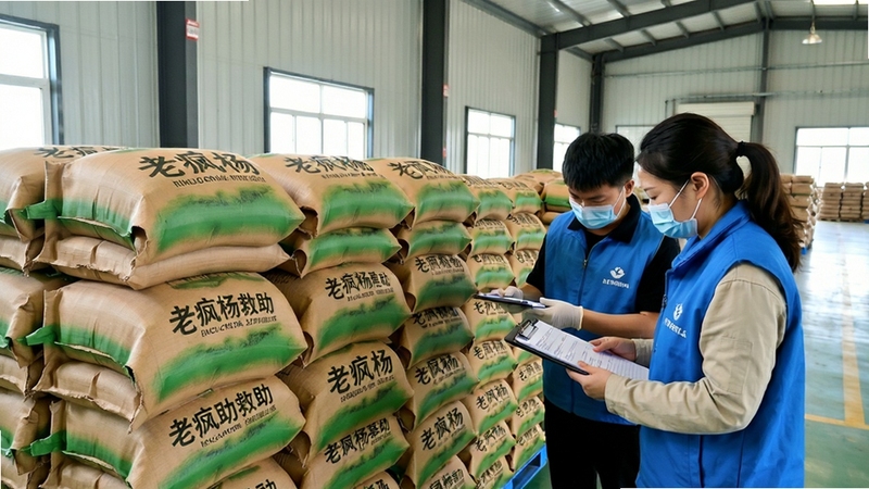 老疯杨救助粮包装袋堆叠在基地仓库,志愿者正在清点登记,画面明亮整洁