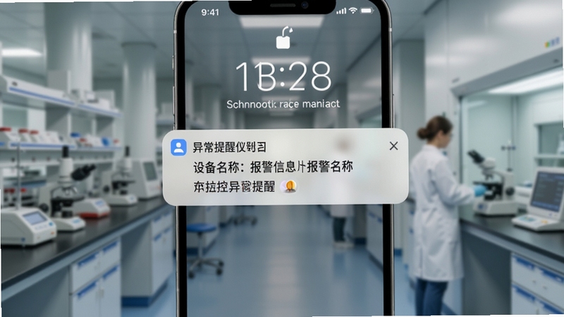 手机锁屏界面弹出仪器控的异常提醒通知,通知内容显示设备名称与报警信息,背景为实验室走廊场景,光线柔和,突出消息推送的及时性与实用性