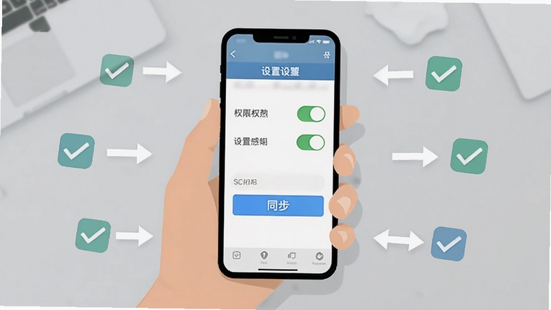 写小说软件在手机上的操作流程图,画面主体为手持手机展示设置页面,屏幕显示权限开关与同步按钮,背景区域为简洁的灰色桌面,点缀着箭头与勾选图标,风格清晰直观