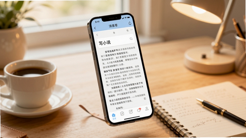 一款名为写小说的手机应用界面展示,画面主体为悬浮在空中的智能手机,屏幕显示小说章节编辑页面,背景区域是柔和的暖色书桌场景,周围散落着咖啡杯与笔记本,整体风格清新明亮,突出创作氛围
