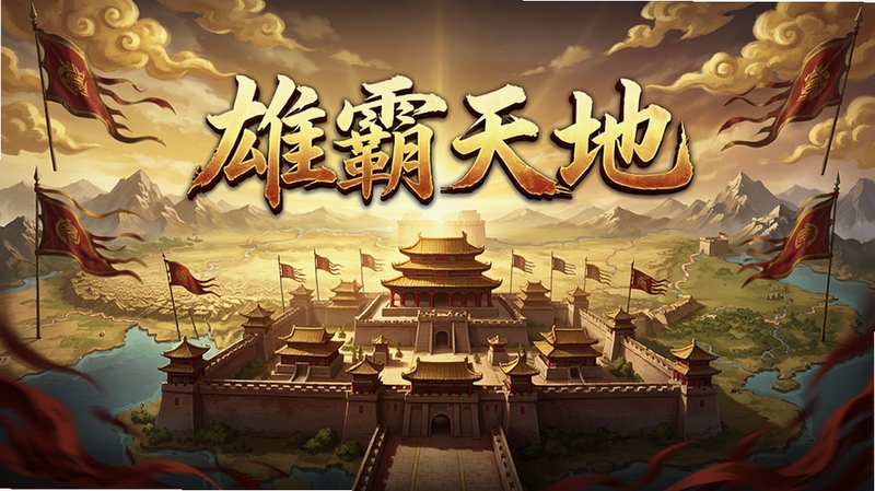 雄霸天地游戏主界面全景展示,画面中央是一座宏伟的古代城池,城池上方悬浮着雄霸天地四个大字,背景是辽阔的疆域地图与远处连绵山脉,天空有金色祥云与战旗飘扬,整体色调以金黄与深红为主,突出霸气与热血氛围,画面比例16比9,高清游戏宣传图风格