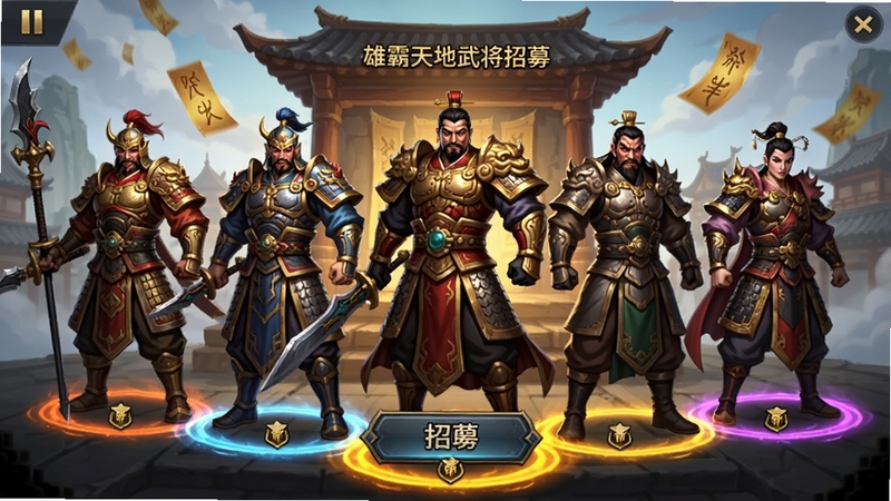 雄霸天地武将招募界面,画面中展示五位身着不同风格古代战甲的武将角色并排站立,每位武将脚下有品质光环,背景是古朴的招募台与飘落的符咒,画面中央有招募按钮,整体风格为东方玄幻手游UI界面,色彩华丽细节丰富