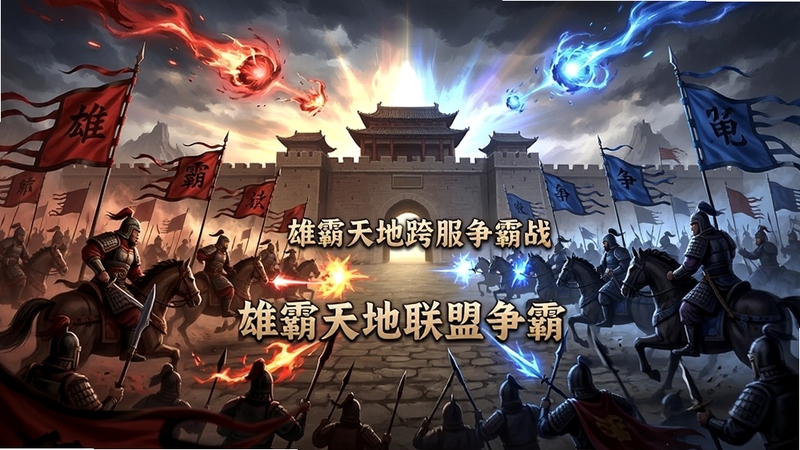 雄霸天地跨服争霸战场景,画面展示两支古代军队在城池前激烈交战,画面左侧是红色旗帜一方,右侧是蓝色旗帜一方,天空有技能特效光芒,画面中央有雄霸天地联盟争霸字样,整体为史诗战争风格插画,气势恢宏