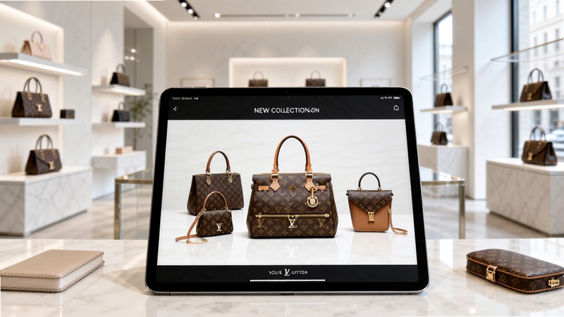 Louis Vuitton new collection preview on a tablet screen, showcasing limited edition handbags and accessories in a modern showroom setting, bright and airy atmosphere with minimalist decor, the tablet positioned prominently in the foreground with elegant product displays around it, clean and sophisticated visual style