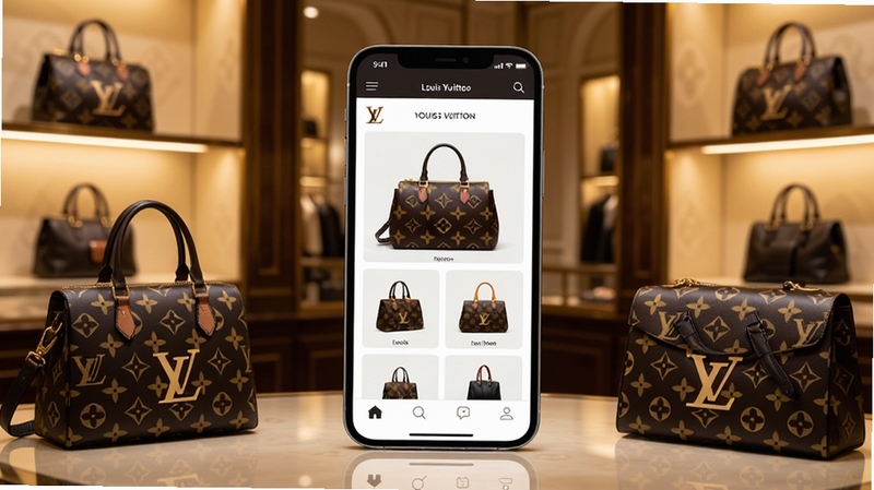 Louis Vuitton luxury brand mobile app interface with elegant monogram pattern, a smartphone displaying the app homepage with handbags and fashion items, set against a Parisian boutique background with soft golden lighting, coordinated composition with the phone at center and brand elements in the surrounding area, high-end fashion aesthetic