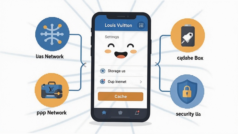 Louis Vuitton app troubleshooting guide illustration, a smartphone with a friendly interface showing settings and cache clearing options, surrounded by icons representing network, storage, and security, clean flat design style with brand color accents, informative and approachable visual