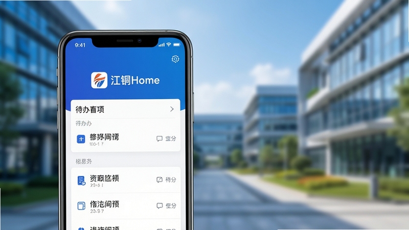 江铜Home 移动办公主界面,画面中央展示手机屏幕显示江铜Home应用Logo和待办事项列表,背景为现代化企业园区虚化效果,整体色调以科技蓝和纯白为主,画面干净商务,突出移动办公场景