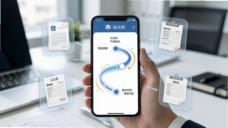 江铜Home 协同办公场景,画面展示手机屏幕中审批流程节点动态推进,周围环绕着公文、报销单、请假条等半透明图标,背景为简洁的商务办公桌,整体风格现代高效