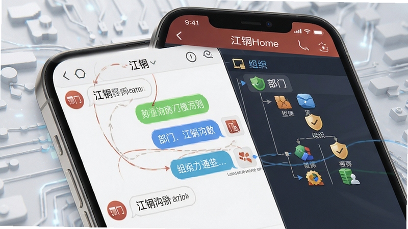 江铜Home 即时通讯界面,画面展示手机屏幕内嵌聊天窗口和组织架构树,对话气泡与部门图标交织,背景为淡灰色科技纹理,突出企业内部沟通的便捷与安全性
