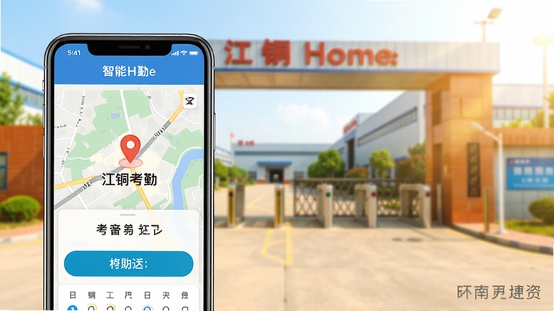 江铜Home 智能考勤界面,画面展示手机屏幕显示地图定位打卡按钮和考勤日历,背景为厂区大门实景虚化,色调明亮,突出精准定位与便捷打卡的融合