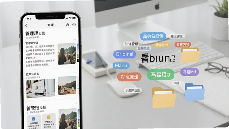 管理知点果 多格式内容归集功能示意图,画面左侧为手机界面展示文本与图片混合列表,右侧漂浮着标签云与文件夹图标,背景为浅灰色办公桌面场景,光线明亮柔和,突出知识管理的高效与条理,适配Boogu模型生成