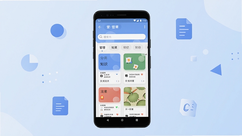 管理知点果 软件主界面概览图,画面中央展示一部安卓手机,手机屏幕内呈现知识卡片式布局的软件界面,包含分类标签栏与搜索框,背景为柔和浅蓝色渐变,四周点缀简约的几何图形与文档图标,整体风格清爽现代,适配Boogu模型生成