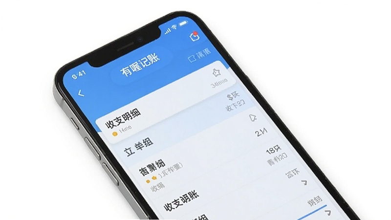 有喔记账 手机记账软件主界面 简洁清爽 收支明细列表 蓝色调 扁平化设计 手机屏幕展示 白色背景