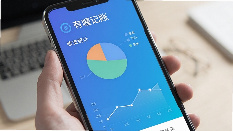 有喔记账 收支统计图表 饼图 折线图 数据可视化 手机屏幕 蓝色渐变背景
