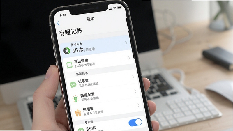 有喔记账 多账本管理界面 账本列表 切换选项 手机应用截图 清爽布局