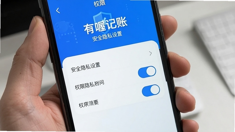 有喔记账 安全隐私设置界面 权限开关 手机截图 盾牌图标 蓝色安全主题
