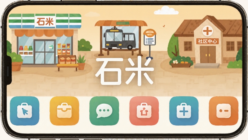 石米生活服务聚合功能界面图,手机屏幕中展示多个彩色功能图标整齐排列,背景为温暖的生活场景插画,包含便利店、公交站、社区中心等元素,画面中央突出石米软件名称