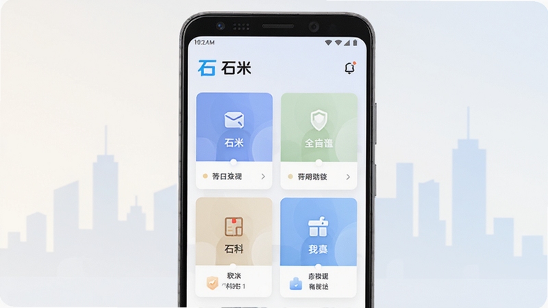 石米应用主界面展示图,画面中央放置一部安卓手机,屏幕内显示石米软件首页的卡片式功能布局,背景为浅色渐变城市剪影,整体风格清新简约,突出石米品牌标识与核心功能入口
