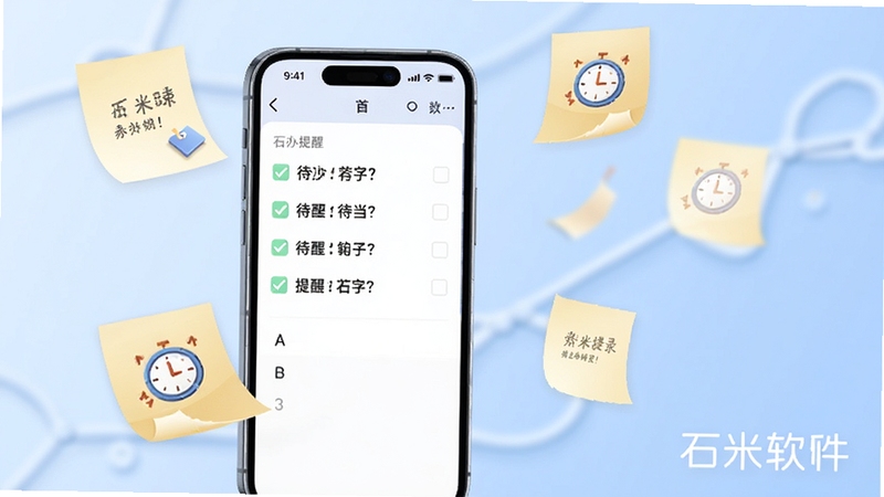 石米便捷记录功能展示图,画面主体为手机屏幕内显示待办清单与日历提醒界面,周围环绕漂浮的便签纸与时钟图标,背景为柔和蓝色调,右下角标注石米软件名称