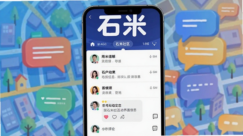 石米社区互动界面示意图,手机屏幕显示用户动态信息流与评论互动区域,背景为抽象化的城市地图与对话气泡,色彩明快活泼,顶部醒目位置展示石米品牌字样