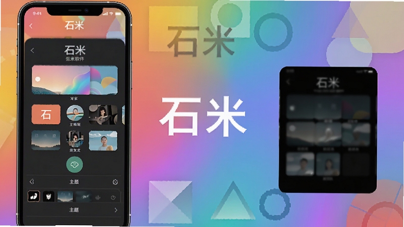 石米个性化主题设置界面图,手机屏幕展示主题切换面板与深色模式预览效果,背景为多彩渐变色块与几何图形,画面中央突出石米软件名称与主题预览卡片