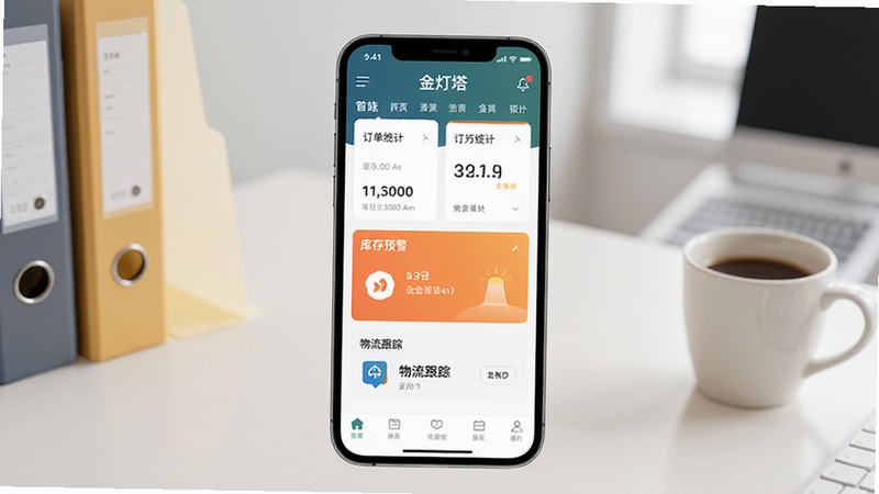 金灯塔商家端店铺管理界面预览图,画面主体为一部智能手机,屏幕显示金灯塔商家端应用的主页,包含订单统计卡片、库存预警图标和物流跟踪入口,背景为简洁的浅色办公桌面,有文件夹和咖啡杯点缀,整体风格商务清新,适配Boogu模型生成